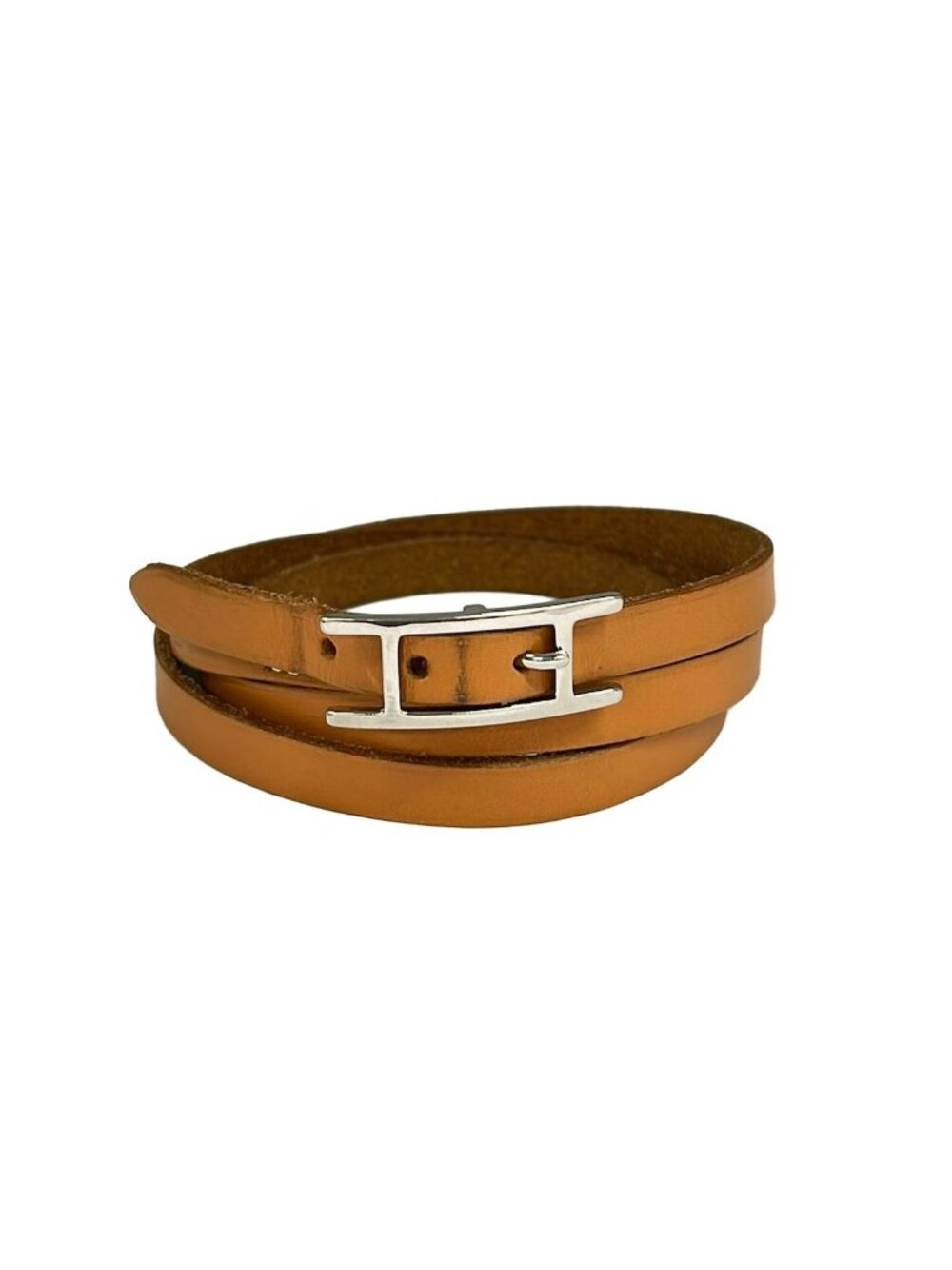 Hermes Bracelet Hapi 3 Leather Light Brown Silver